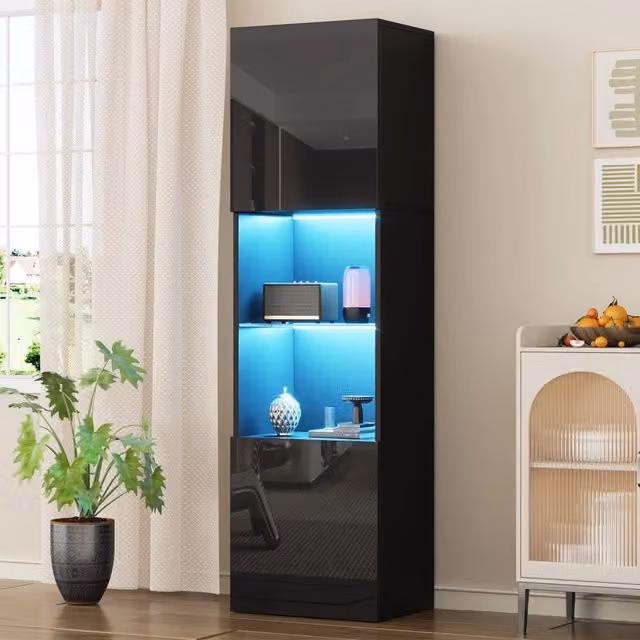 Vetrina OKWISH moderna con LED e 2 ante in vetro per soggiorno o ufficio, colore nero lucido, L: 45 cm, P: 35 cm, H: 160 cm