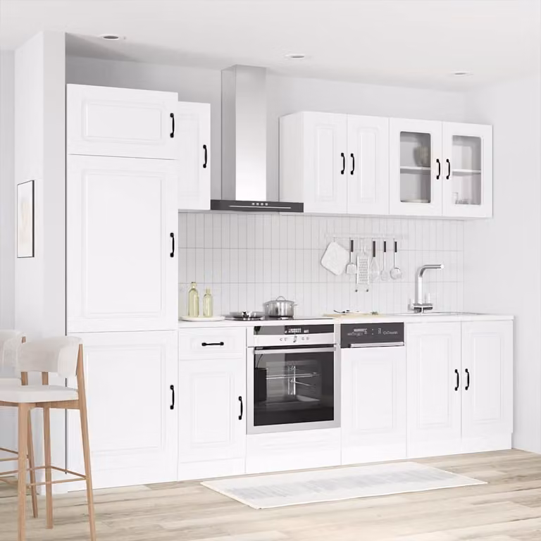 Set di mobili da cucina vidaXL Kalmar composto da 8 pezzi in legno multistrato bianco con ante in vetro e ripiani interni L/P/H: 207 x 60 x 57 cm