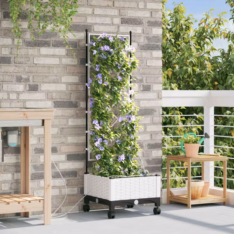 Vaso da giardino con irrigazione e ruote vidaXL, Bianco, in plastica