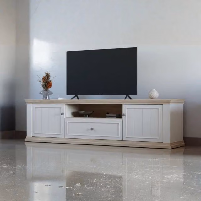 Porta tv Essenza 200 con 2 ante 1 cassetto e nicchia a giorno in colore bianco e dettagli rovere