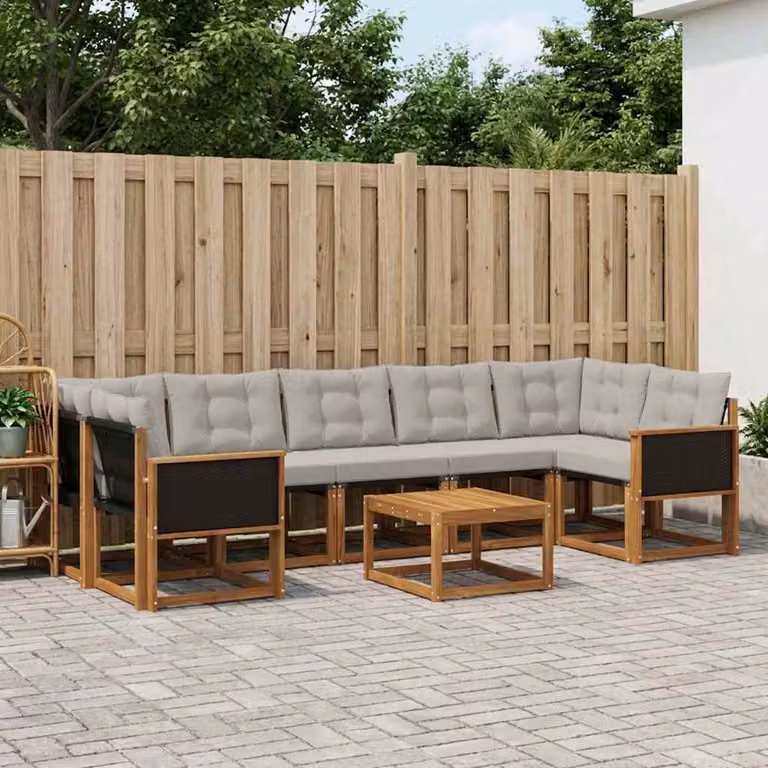 Set di divani da esterno vidaXL 8 pz in legno di acacia con cuscini in tessuto textilene, colore marrone e grigio chiaro