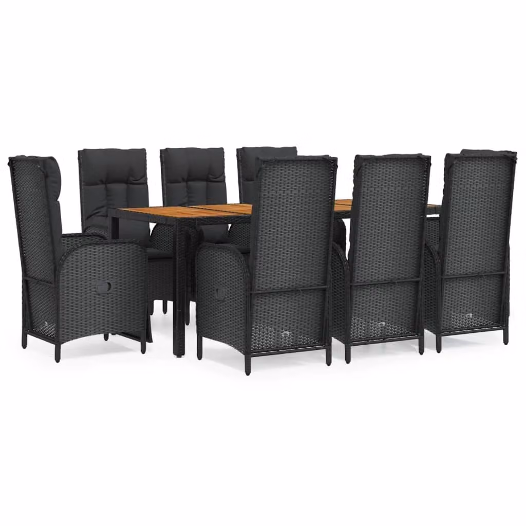 Set da Pranzo da Giardino 9 pz con Cuscini Nero in Polyrattan