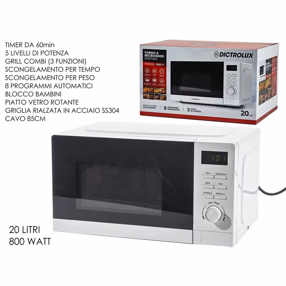 Forno a microonde digitale Trade Shop Traesio bianco con grill, capacità 20 lt, potenza 800W, 8 programmi automatici e blocco bambini – 2