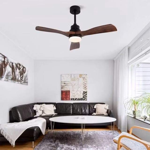 Ventilatore da soffitto moderno con 3 pale in ABS, luce LED dimmerabile e telecomando, colore nero e noce scuro