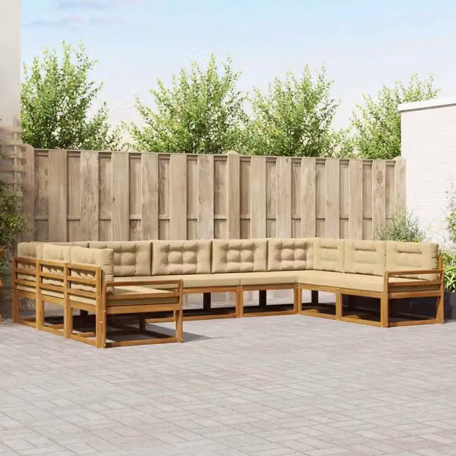 Set di divani da esterno a L vidaXL in legno di acacia con cuscini beige e sabbia