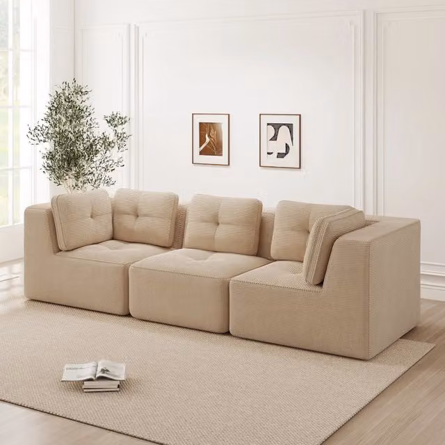 Divano Angolare Modulare 3 Posti in Velluto a Coste ¨C Xylo ¨C Beige