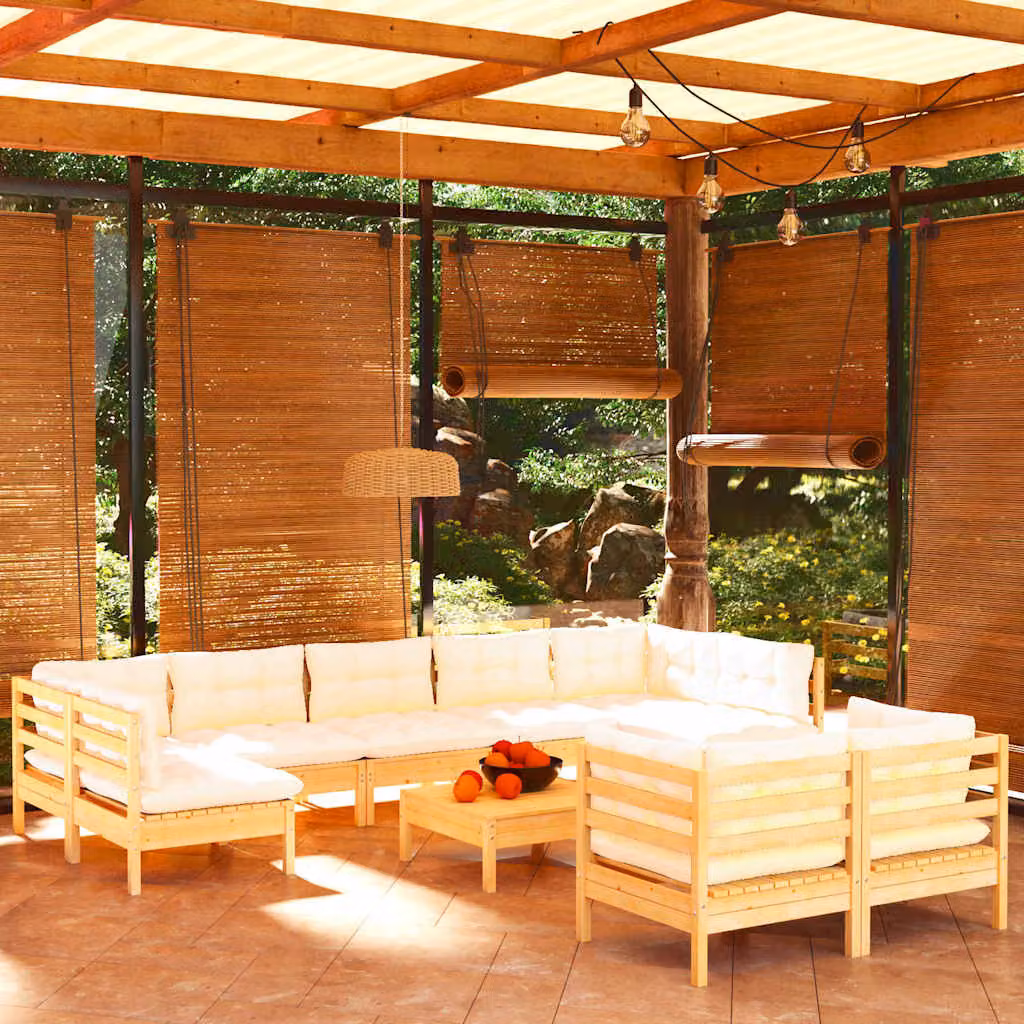 Set Divani da Giardino vidaXL 10 pz in Legno di Pino Massello con Cuscini Beige e Bianco, Design Moderno a L con Elementi Angolari e Ottoman