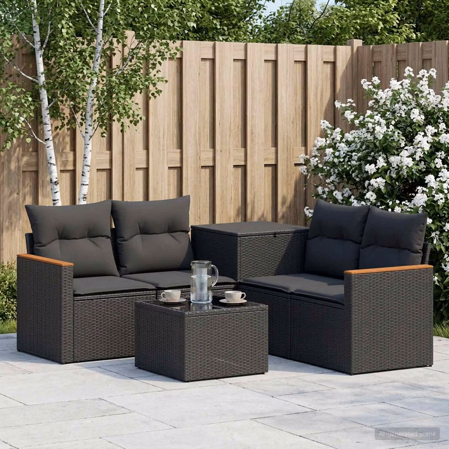 Set di divani da giardino vidaXL a forma di L composto da 6 pezzi in rattan sintetico e acciaio nero con cuscini inclusi