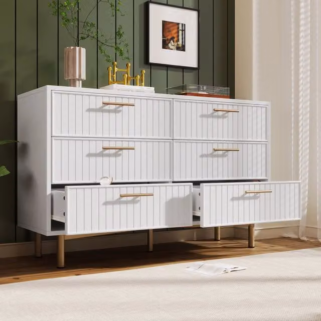 Cassettiera moderna con 6 cassetti, piede centrale regolabile, per camera da letto, in truciolare bianco, 120 × 40 × 75 cm