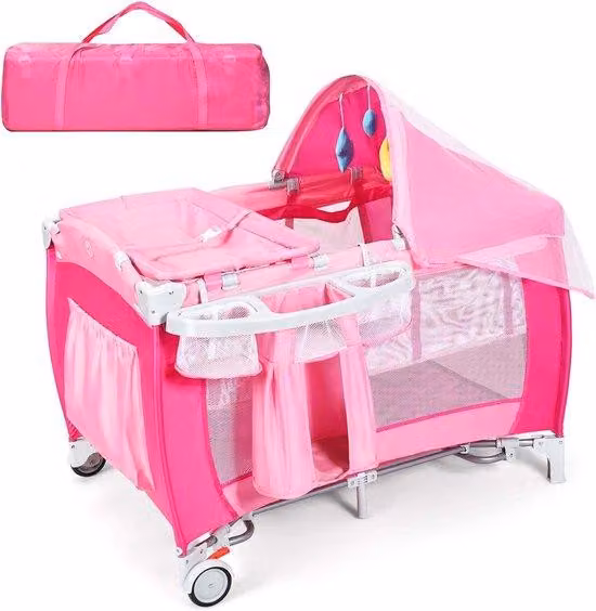 Lettino da viaggio pieghevole 4 in 1, culla, fasciatoio e box con funzione dondolo, con arco giochi, materassino fasciatoio, materasso, porta pannolini e borsa da trasporto (rosa)