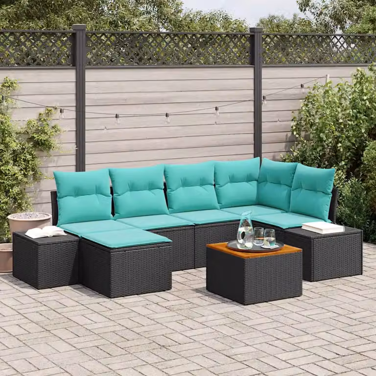 Set Divano da Giardino vidaXL 7 pz a Forma a L con Tavolino e Pouf, Colore Nero e Turchese