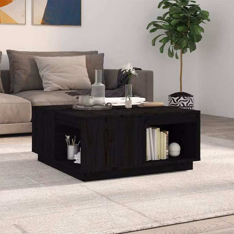 vidaXL Tavolino da Salotto Nero in Legno di Pino Massello L: 80 cm, P: 81 cm, H: 36,5 cm