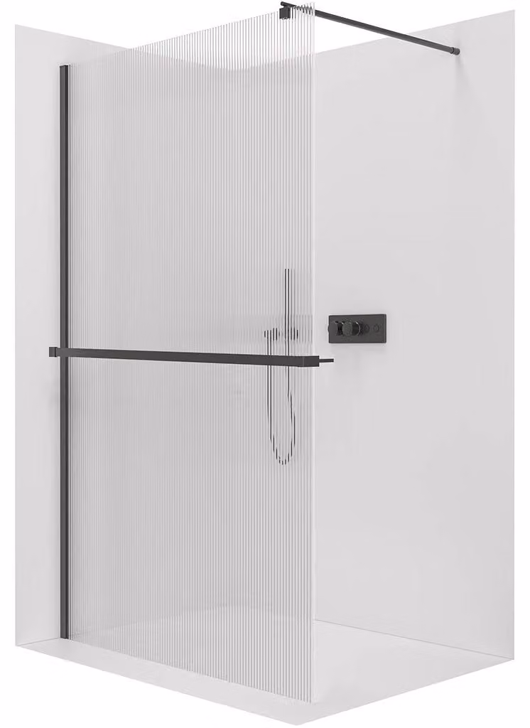 Pannello doccia walk-in Onyx Round, destro/sinistro - 8 mm + ripiano/portasciugamani - colonna rotonda - nero opaco, vetro smerigliato - 160x200 cm