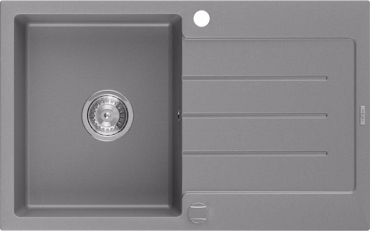 Mexen Bruno lavello da cucina in granito a 1 vasca con gocciolatoio 795 x 495 mm, grigio, sifone cromato - 6513791010-71