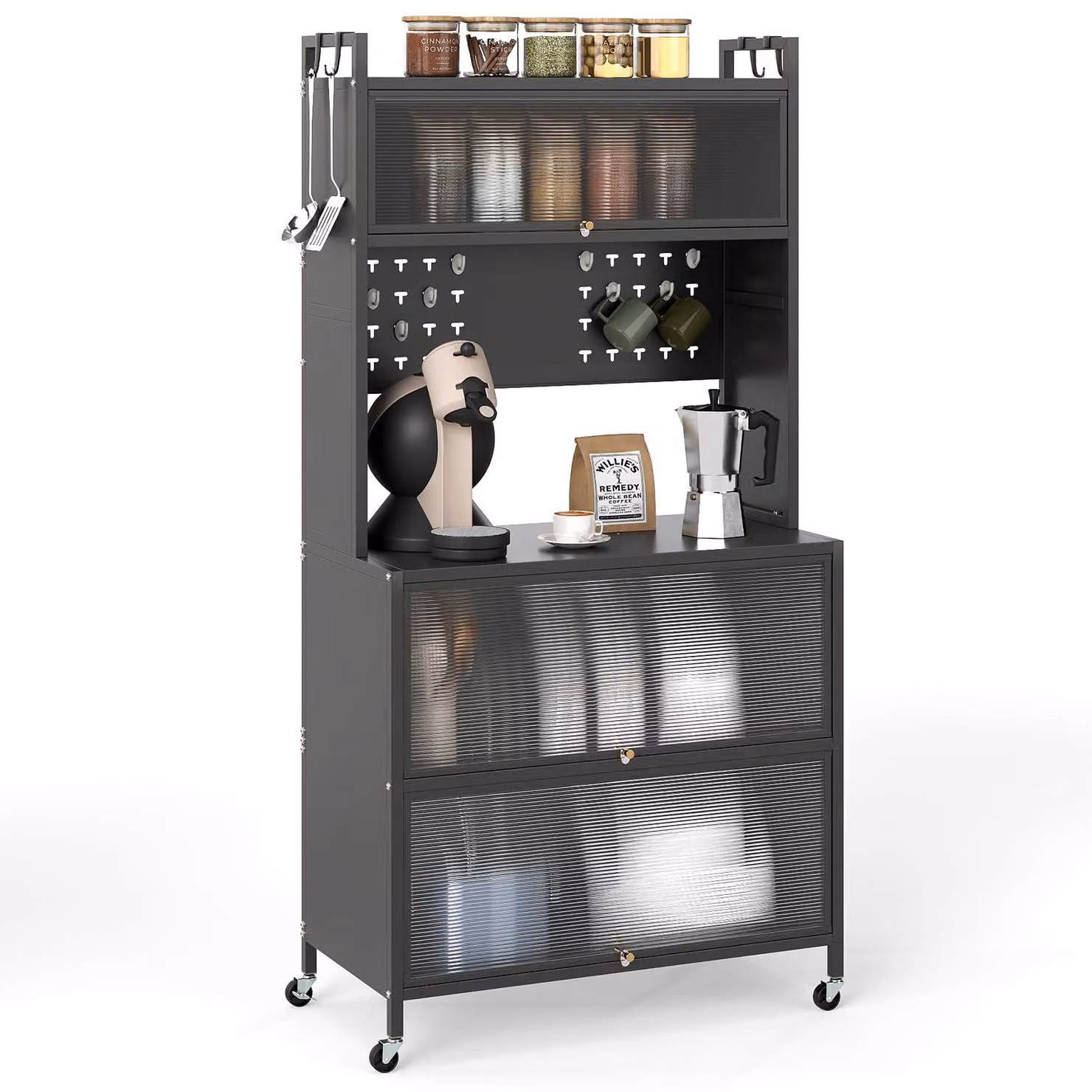 Mobiletto da cucina FANTASK, scaffale da cucina su ruote con piano di lavoro, pannello forato e ganci