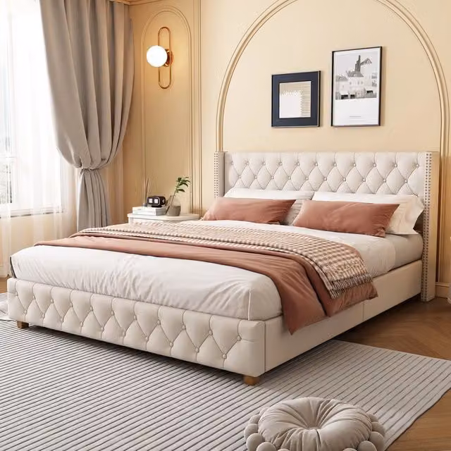 Letto Imbottito con Testiera e Rete a Doghe ¨C MINIMAL ¨C Beige, 160x200
