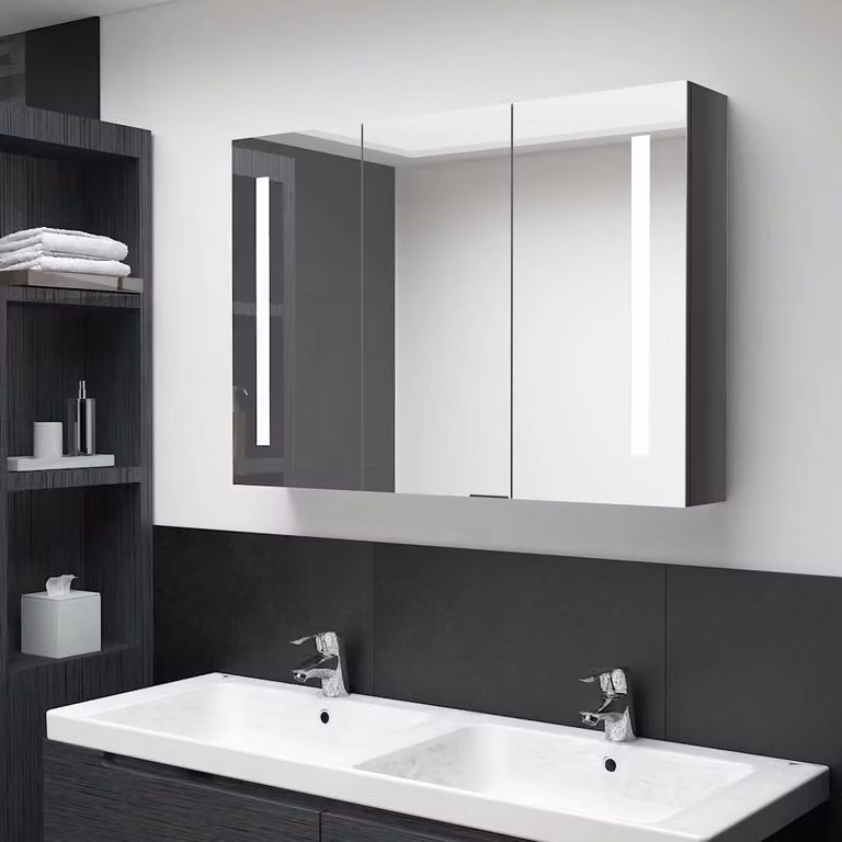 vidaXL Armadietto da bagno moderno con specchio e illuminazione LED, Grigio lucido, L: 89 cm, P: 14 cm, H: 62 cm
