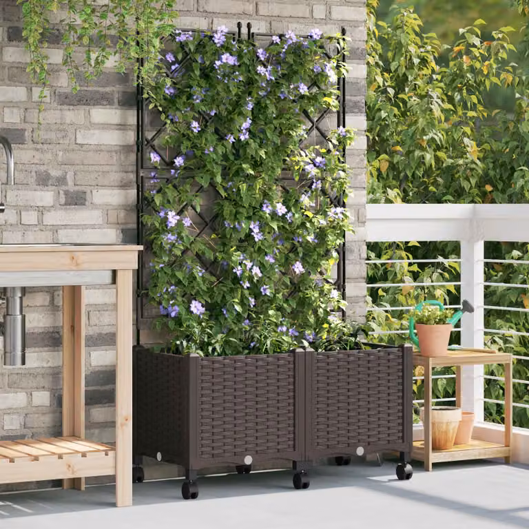 Set di 2 vasi da giardino vidaXL con grigliato e ruote, colore marrone, in plastica
