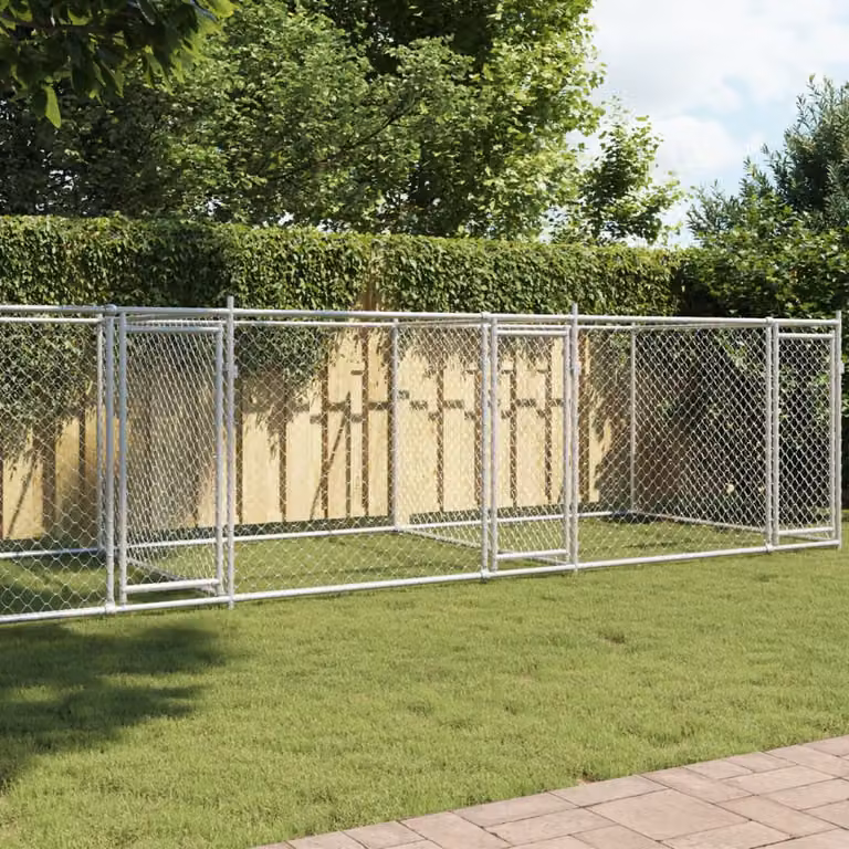 vidaXL Gabbia per Cani con Porte in Acciaio Zincato Grigio L: 8 m, H: 2 m, P: 1,5 m