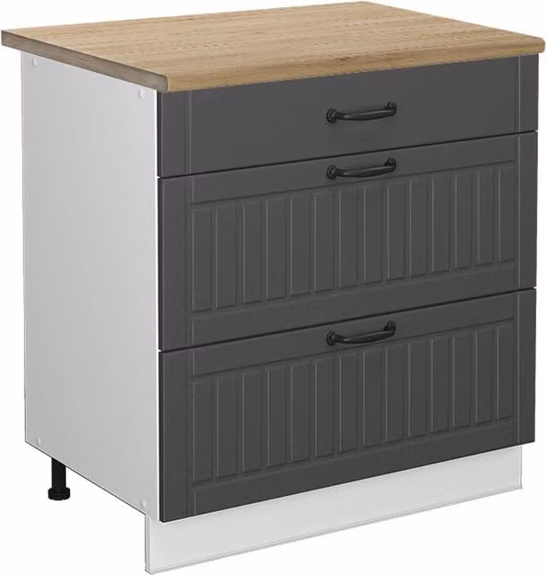 Mobiletto base per cucina Fame-Line Antracite rustico/Bianco 80 cm con 3 cassetti, PL Rovere Vicco