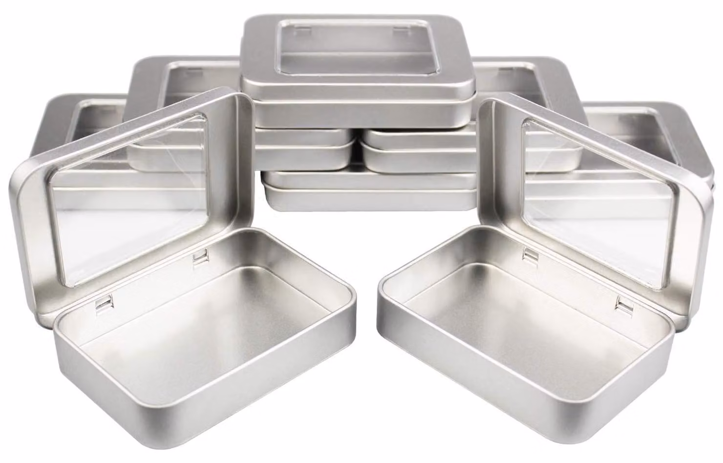 Omgoods - Contenitori per la conservazione, 8 pezzi - Con coperchio a chiusura ermetica - Con finestra - Scatole metalliche - Leggeri - 10 x 7 x 2 cm - Contenitori per alimenti