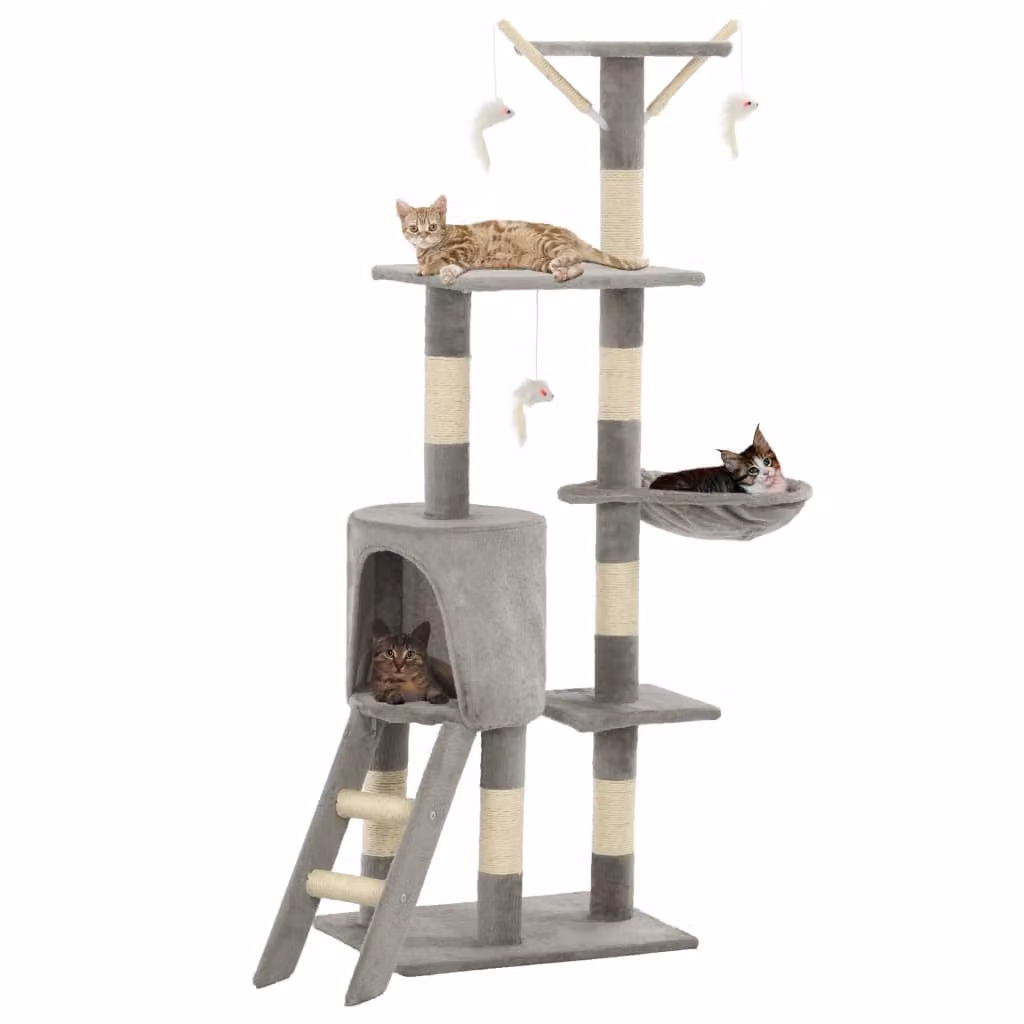 Albero per gatti vidaXL con tiragraffi in sisal, cave e giocattoli integrati, Grigio, Altezza: 138 cm