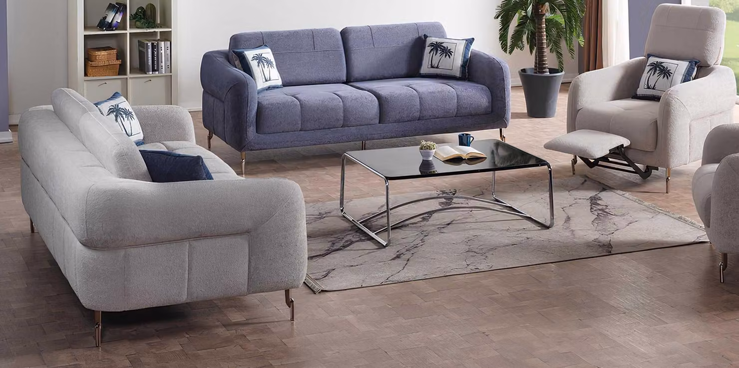 Grau-Blaue Sofagarnitur Designer Polstersofas Edle Textil Couchen