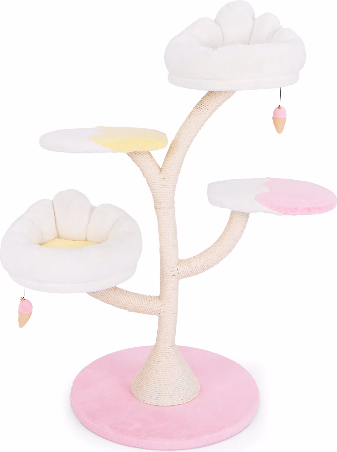 Tiragraffi COSTWAY 123 cm, simpatico albero per gatti con 2 aree per sdraiarsi, 2 piattaforme, palla da gioco e paletti in sisal, albero per arrampicarsi piccolo, arredamento per gatti, bianco rosa