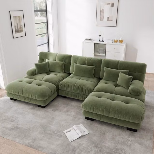 Divano modulare con ottomane 313x145 cm in ciniglia verde HOMVRA