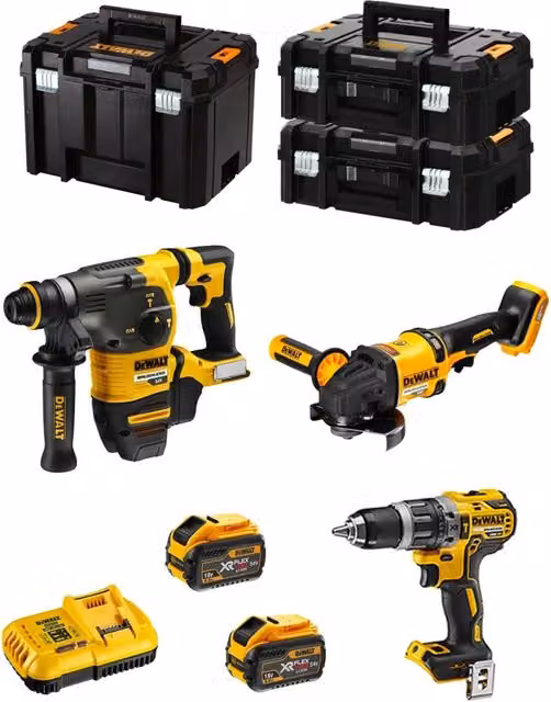 Kit utensili DeWalt FVK381X2-QW 54V/18V con DCH333, DCD796, DCG418 e 2 batterie da 9,0 Ah, caricatore DCB118 e contenitori TSTAK II e TSTAK VI, Giallo – 1