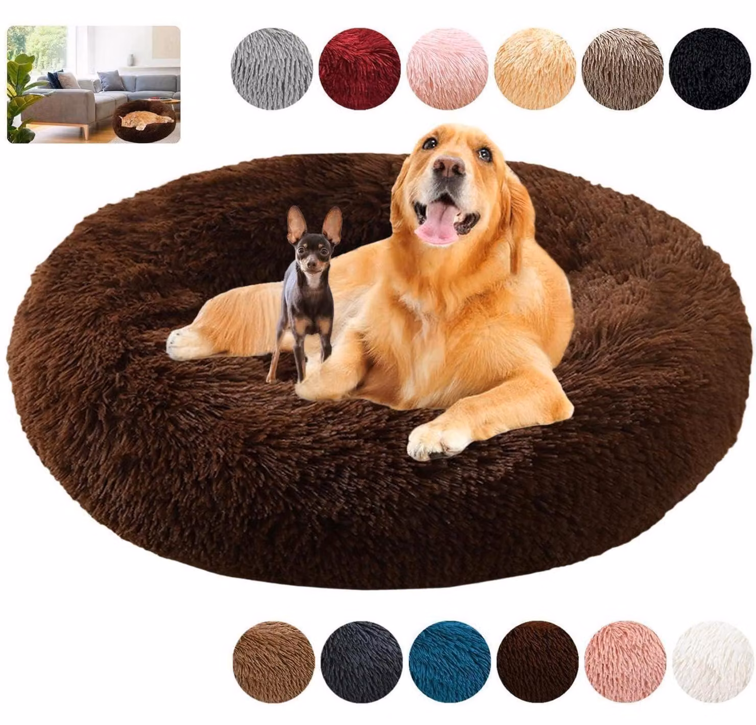 Cuccia per cani, forma a ciambella, morbida e confortevole, lavabile, con cerniera, colore marrone scuro, taglia XS (40 cm di diametro)