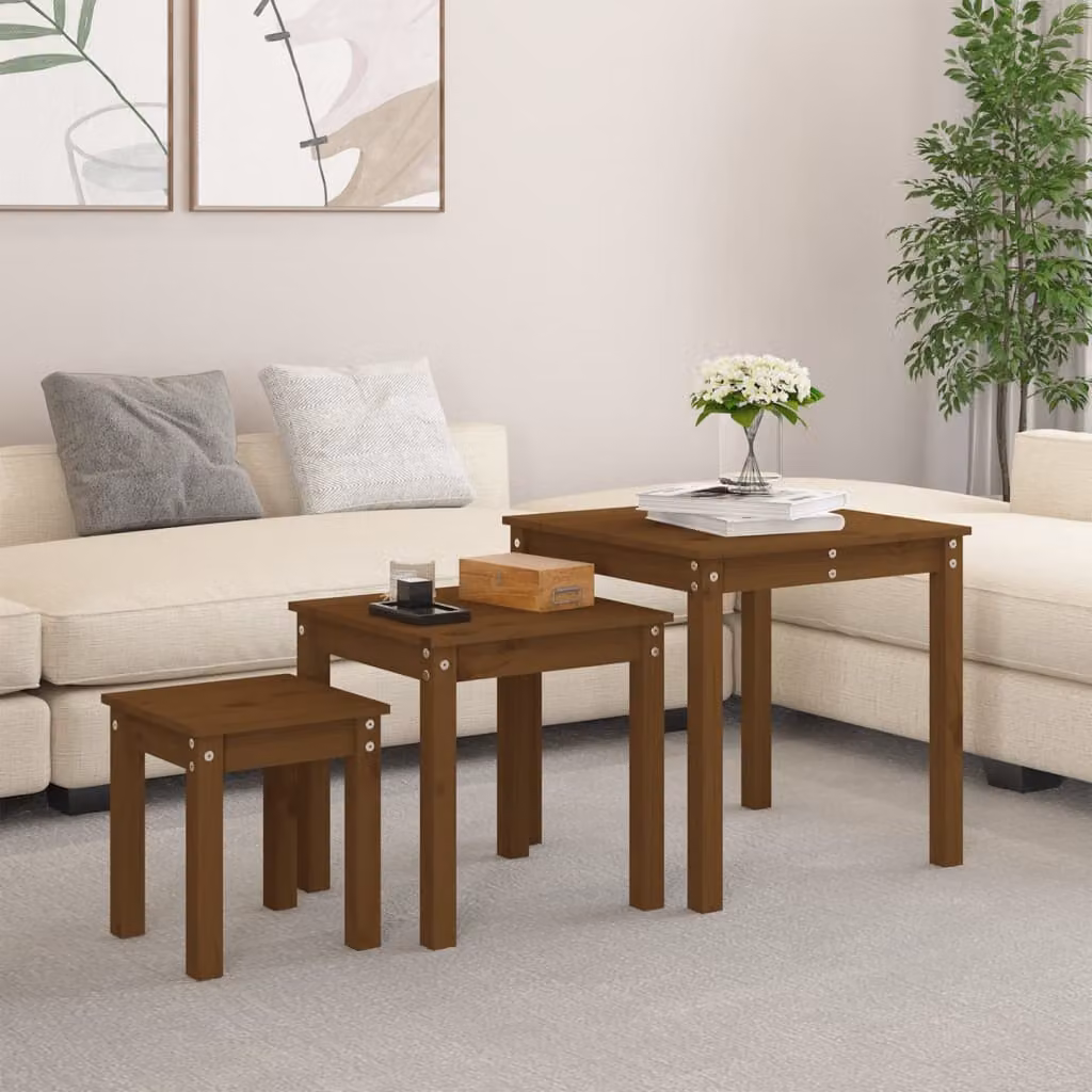Set di 3 tavolini a incastro vidaXL in legno massello di pino, colore marrone ambra, design moderno per soggiorno o camera da letto
