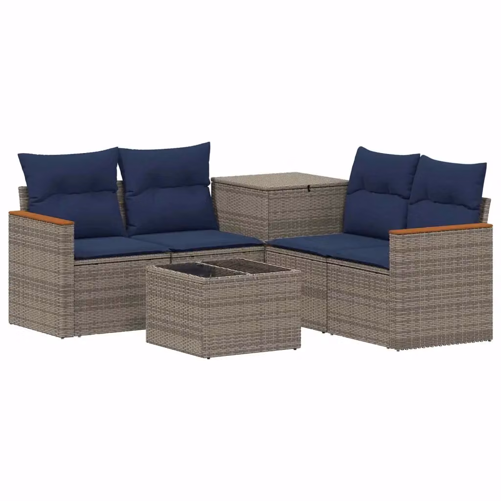 Set di divani da giardino vidaXL a forma di L in polyrattan con cuscini, Grigio e Blu – 2