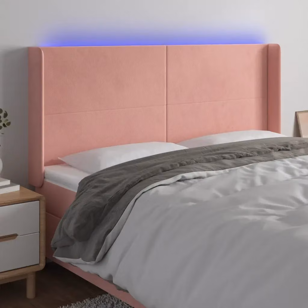Testata del letto moderna in velluto rosa con illuminazione LED integrata e porta di ricarica USB, L: 163 cm, P: 16 cm, H: 118-128 cm – 2