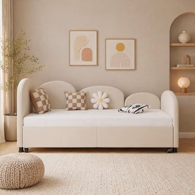 Letto singolo per bambini a forma di fiore con cassetto; 90x200 cm; velluto beige