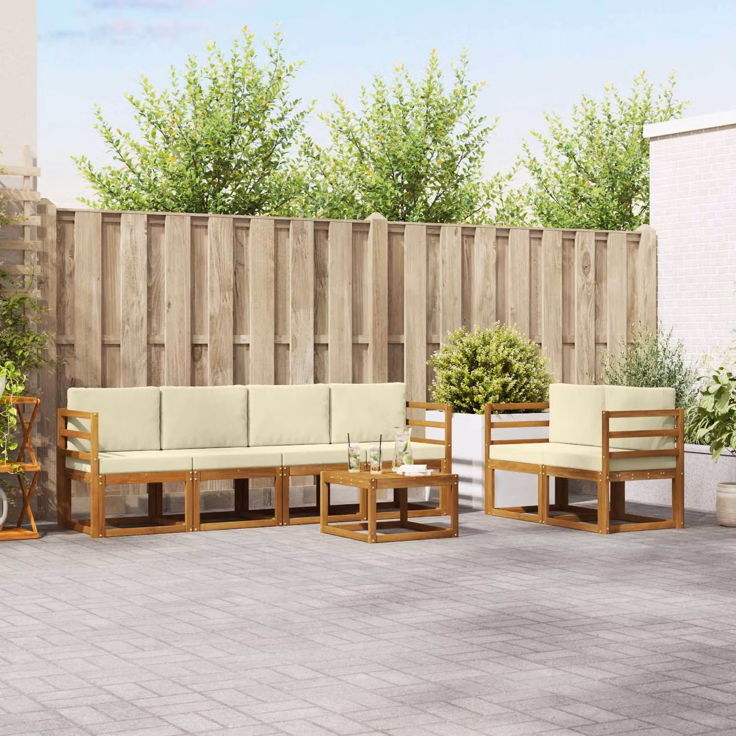 Set di divani da esterno vidaXL 7 pz in legno di acacia con cuscini beige e bianco