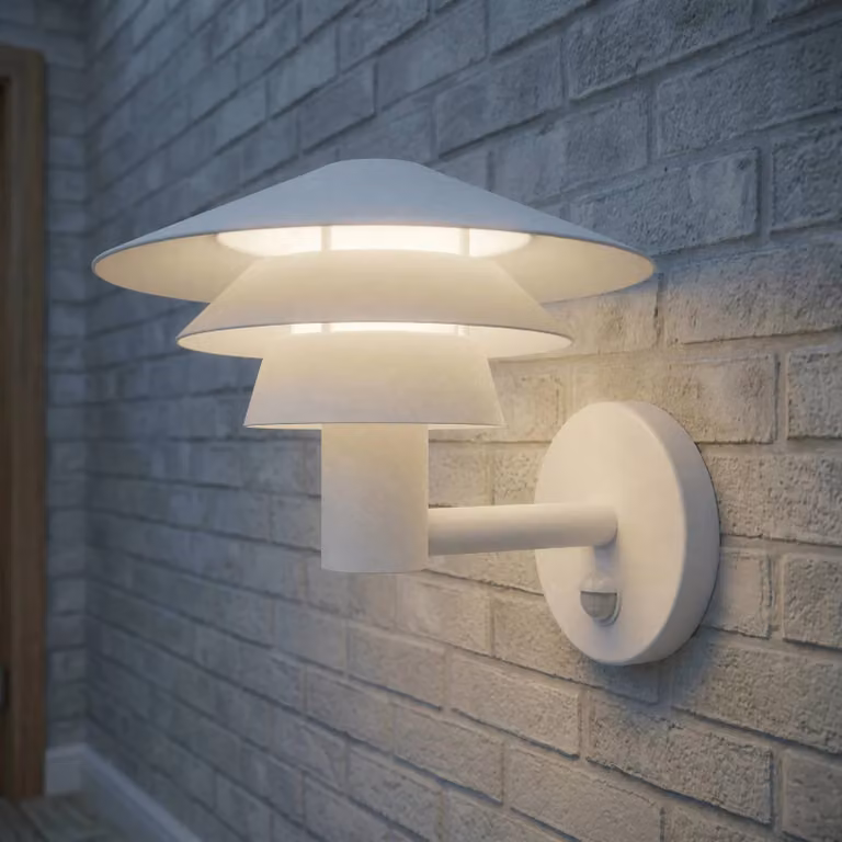 Applique da esterni LED Lucande Montaro, bianca, IP54, con sensore Montaro, Bianco / Opale, Alluminio, Moderno, Applique da esterni