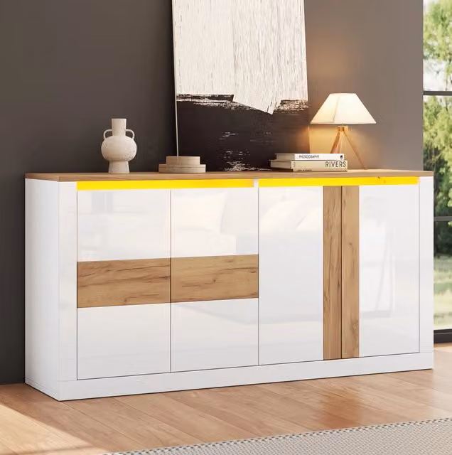 Credenza 140x35x70 cm in MDF con 4 ante e LED RGB; bianco e rovere