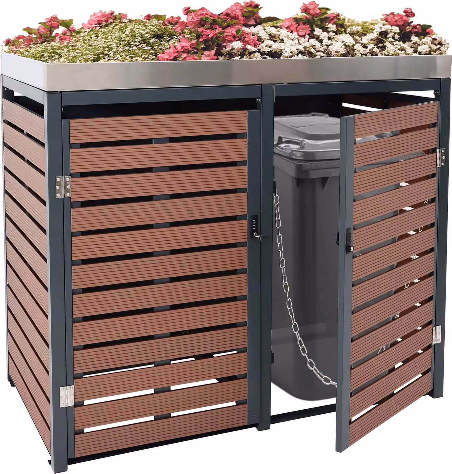 2 contenitori per rifiuti HWC-K14, contenitore per rifiuti con fioriera, 124x134x84cm WPC acciaio inox 79kg ~ aspetto legno di noce