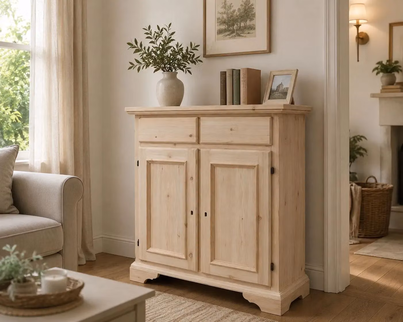 Credenza Mobili 2G con 2 porte e 2 cassetti in legno di pino e pioppo grezzo L: 90 cm, P: 40 cm, H: 94 cm – 2