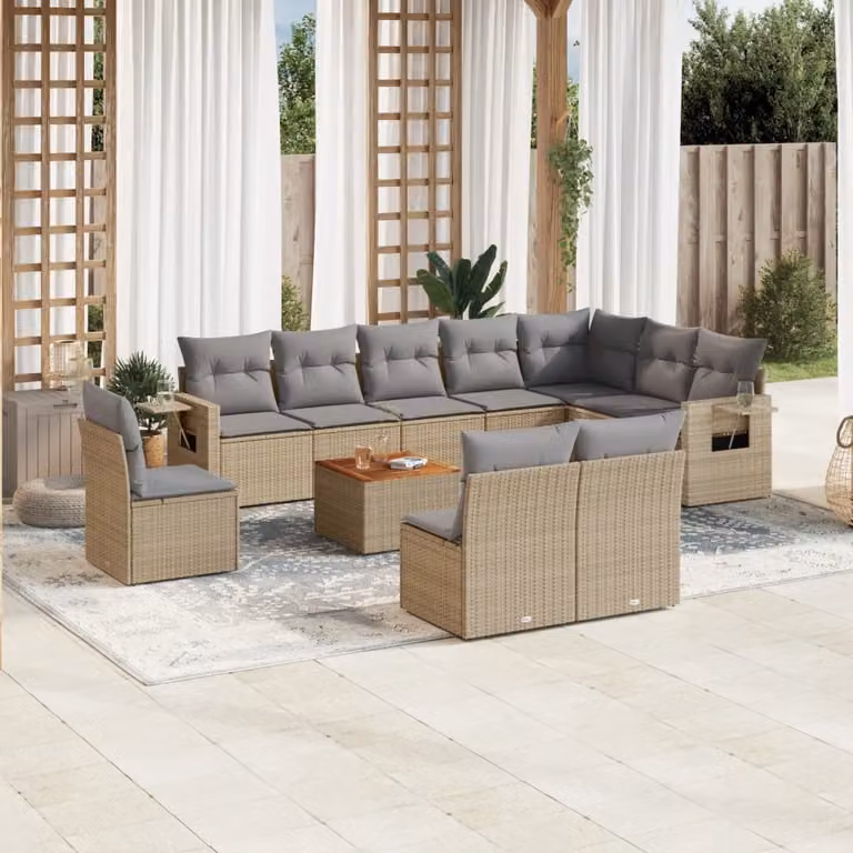 Set di divani da giardino vidaXL 11 pz in polyrattan con cuscini beige e tavolino da esterno a forma di L