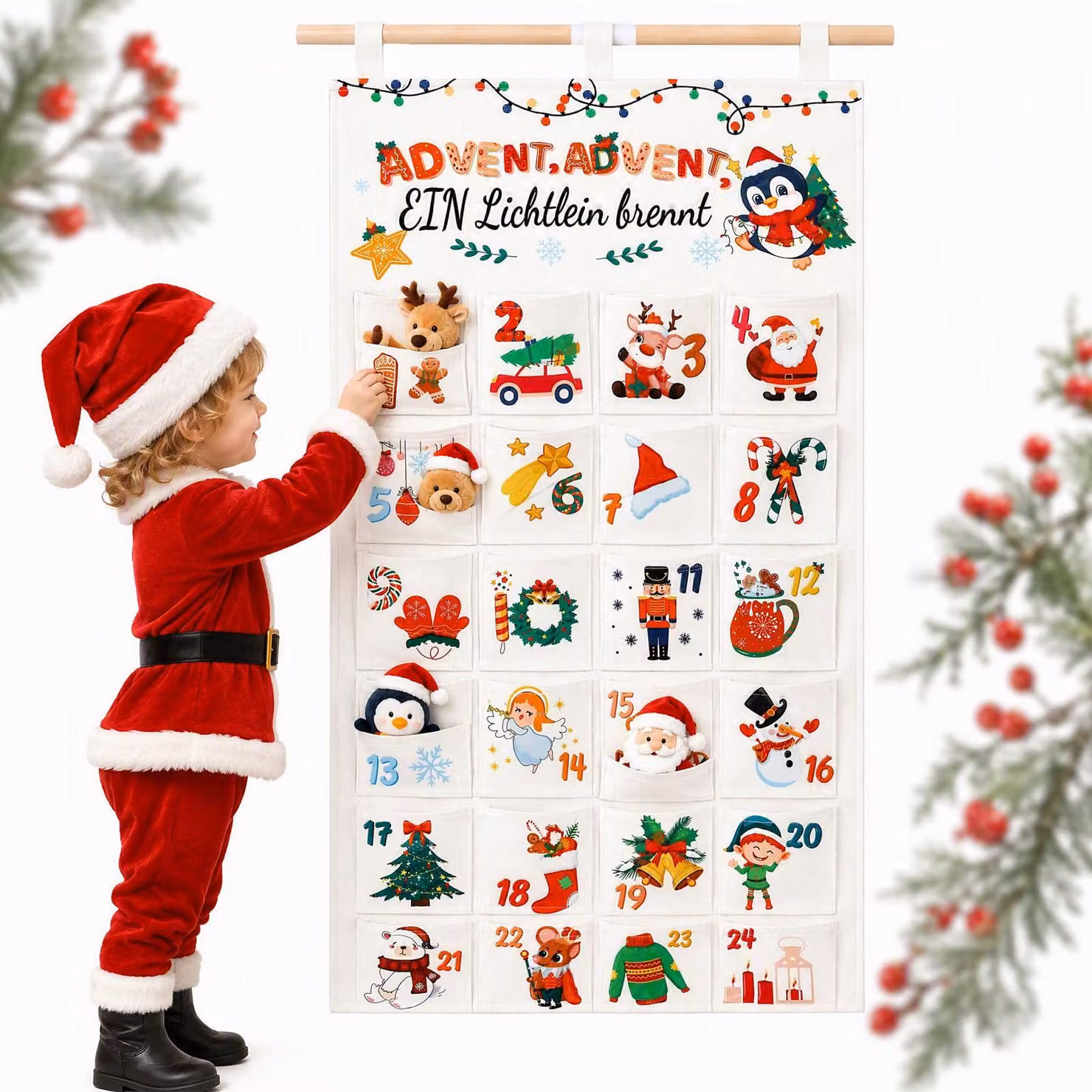 Calendario dell'Avvento in tessuto, con 24 scomparti, da riempire, color crema