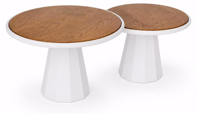 Tavolino da divano moderno, bianco, rotondo, geometrico, monolitico, scultoreo