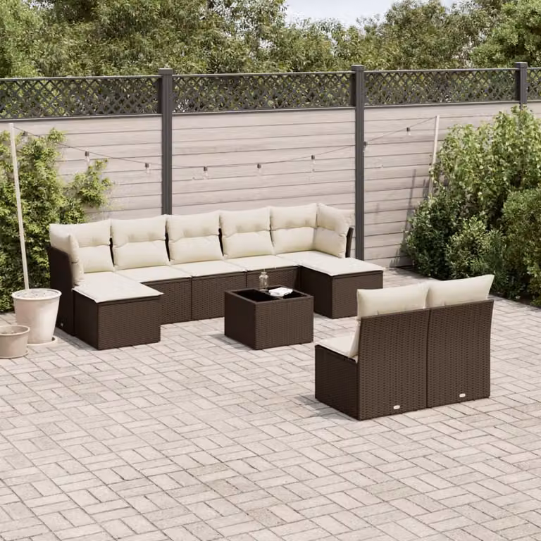 vidaXL Set Divani da Giardino 10 Pezzi in Polyrattan Marrone con Cuscini e Tavolino da Esterno