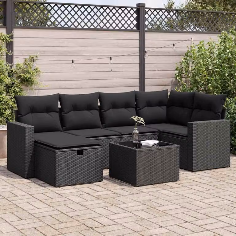 Set Divano da Giardino a L vidaXL con 7 Pezzi, Polyrattan Nero e Cuscini Imbottiti