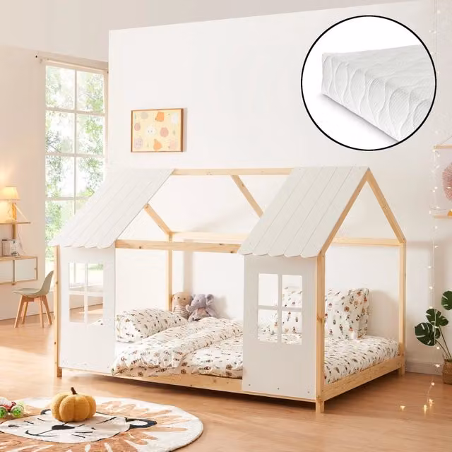 Letto per cameretta a forma di casetta Tostedt en.casa in legno di pino con materasso incluso, colore naturale e bianco, L/P/H: 120 x 200 x 127 cm