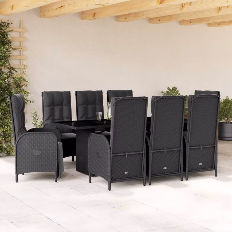 Set da pranzo da giardino vidaXL in polyrattan nero con cuscini e tavolo in vetro, 9 pezzi