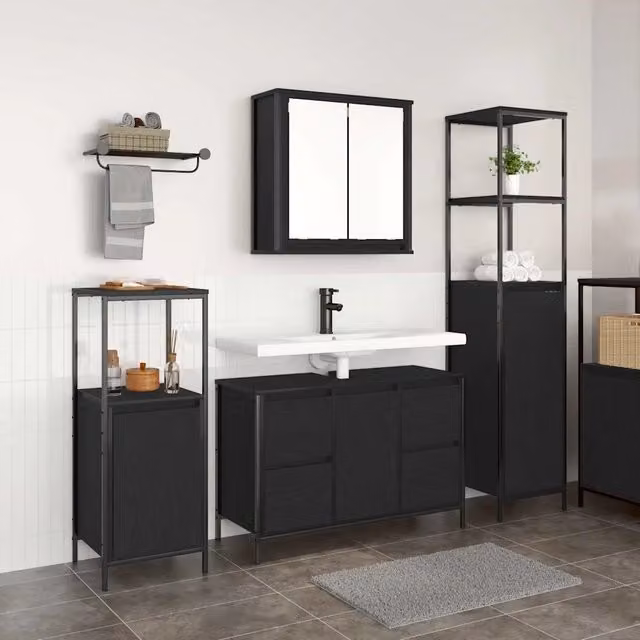 Set di mobili per il bagno 3 pz Rovere Nero 36 x 35 x 165 cm 3328379