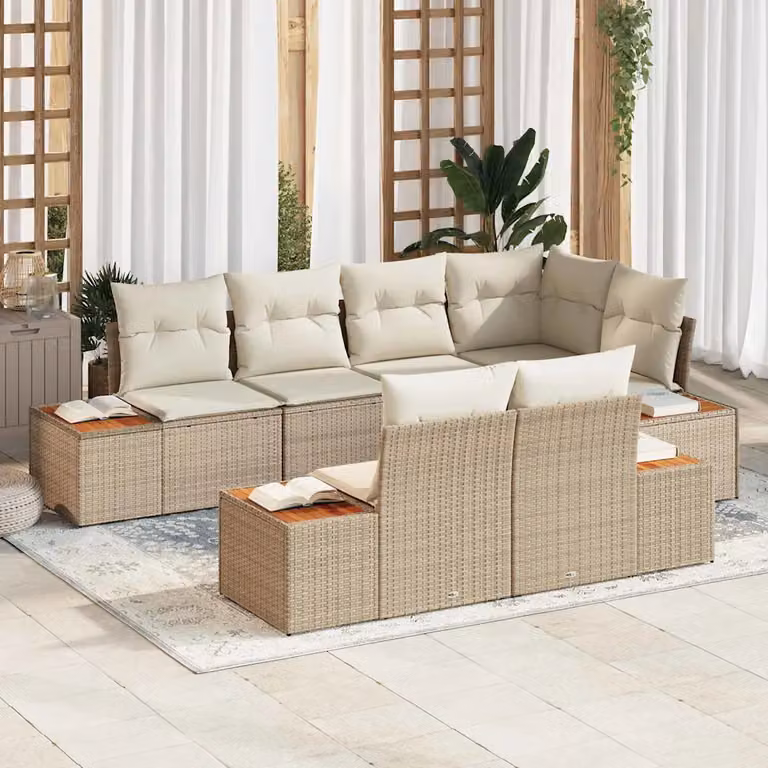 Set Divano da Giardino vidaXL 7 pz Beige con Cuscini in Polyrattan e Struttura in Metallo