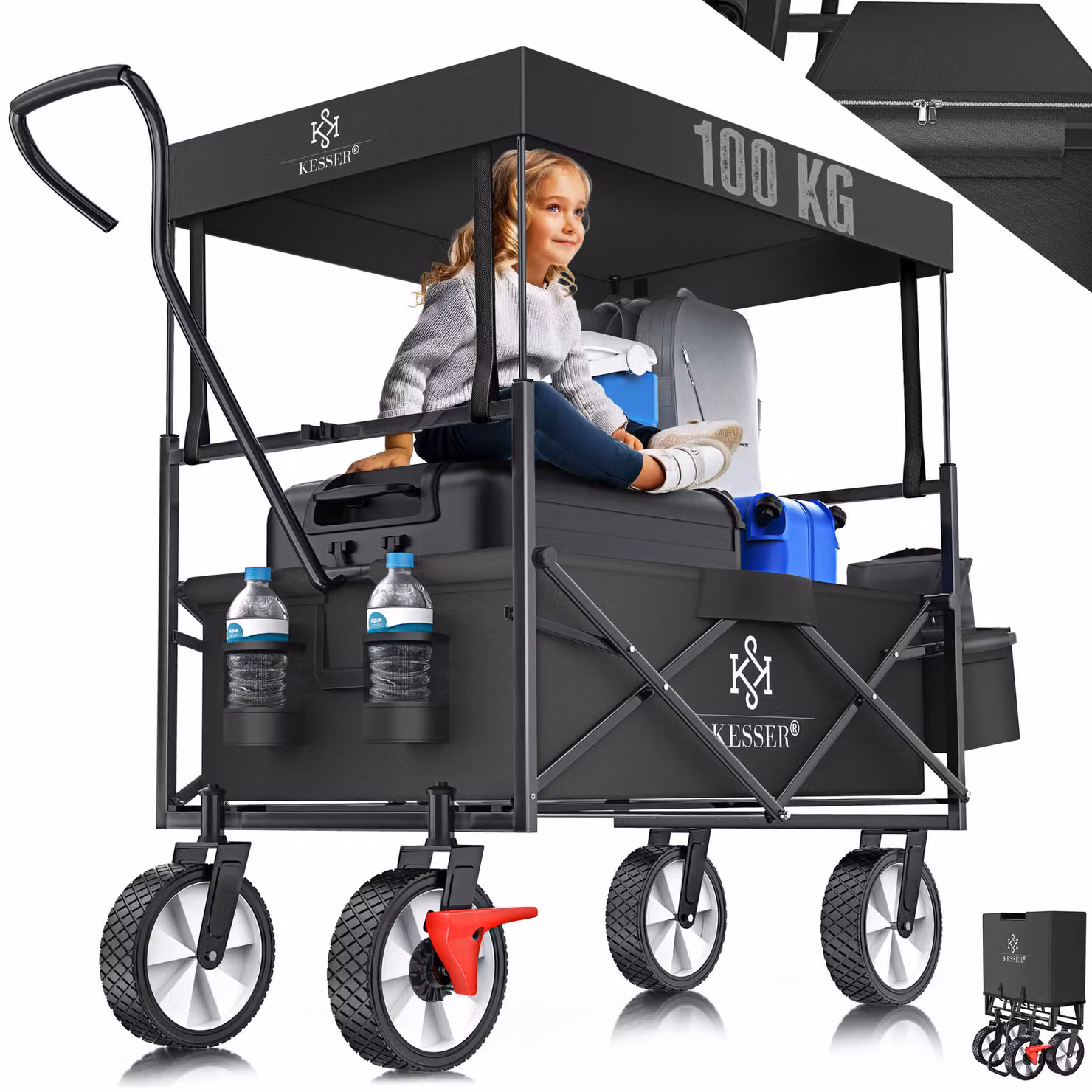 Carrello pieghevole KESSER® con tettuccio | Carrello a mano | Carrello da trasporto | Carrello portaattrezzi | Incl. 2 tasche a rete e 1 tasca esterna | Pieghevole | Pneumatici in gomma piena | Portata fino a 100 kg | Con freno sulla ruota anteriore
